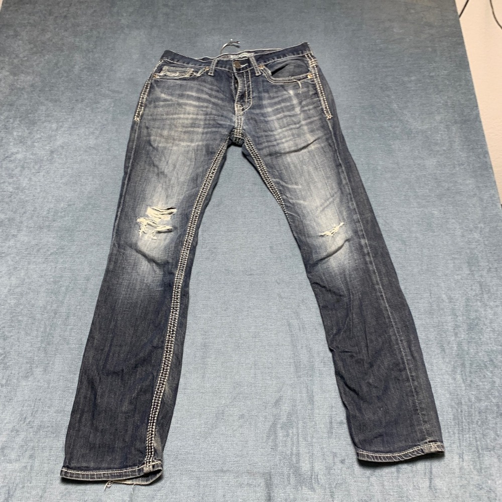 BKE Aiden Straight Leg Jeans Womens 30R Blue Denim Distressed Medium Wash Pocket